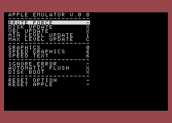 Apple II na atari. Textový mód, menu emulátoru.